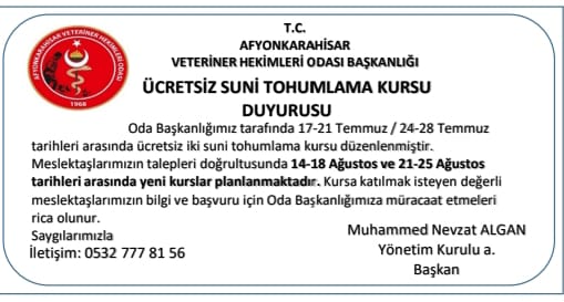 ÜCRETSİZ SUNİ TOHUMLAMA KURSU DUYURUSU