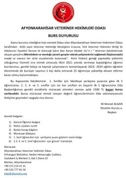 AFYONKARAHİSAR VETERİNER HEKİMLERİ ODASI BURS DUYURUSU